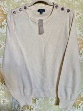 j.crew jeweled shoulder button lambswool sweater xl cream ivory preppy holiday